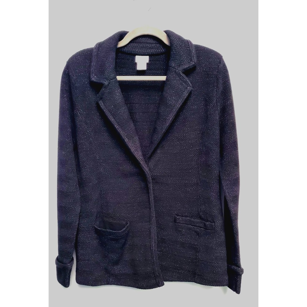 Chico's‎ Knit Blazer Jacket Sweater Collar black lurex button Size 1 (M) Classic